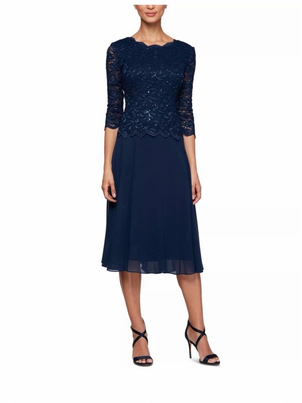 Macy's Navy Lace Midi Dress With Scalloped Bodice Brand New.